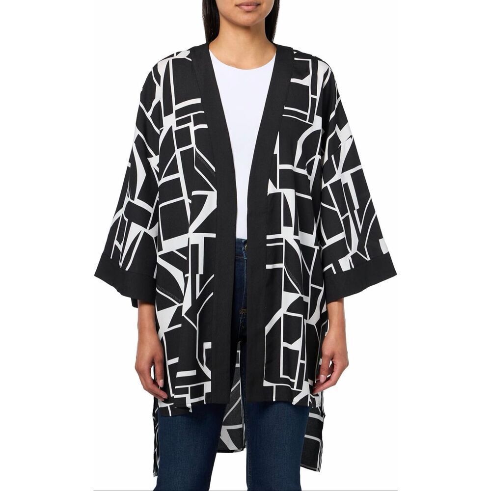 KARL LAGERFELD Women's Lightweight Layering Colorblock Geometric Blk Whte Kimono